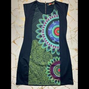 Desigual Women Blue Floral Paisley Dress Size XL Logo Short Sleeve Zip